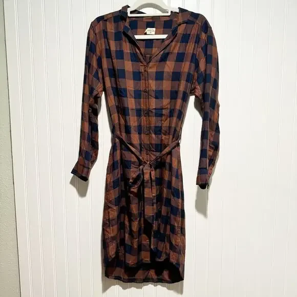 Bridge Burn Emery Gingham Plaid Shirt Dress Brown Navy Blue Size XS